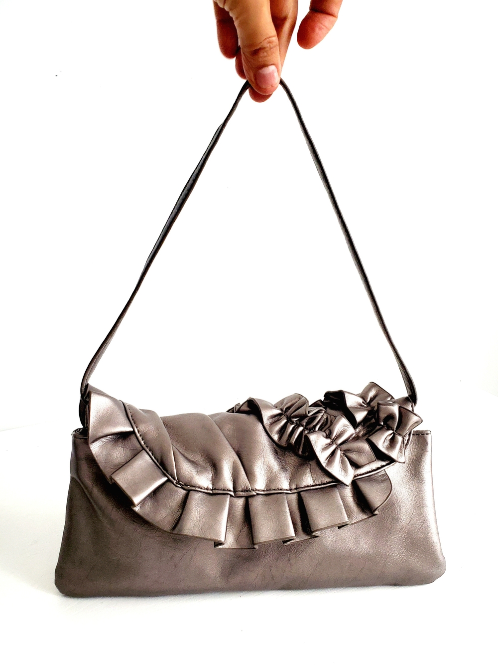 Ruffled Metallic Shoulder Clutch Bag in Gunmetal